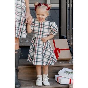 Ivy City Co Girls Plaid Puff-Sleeve Dress in Ivory, Green & Red